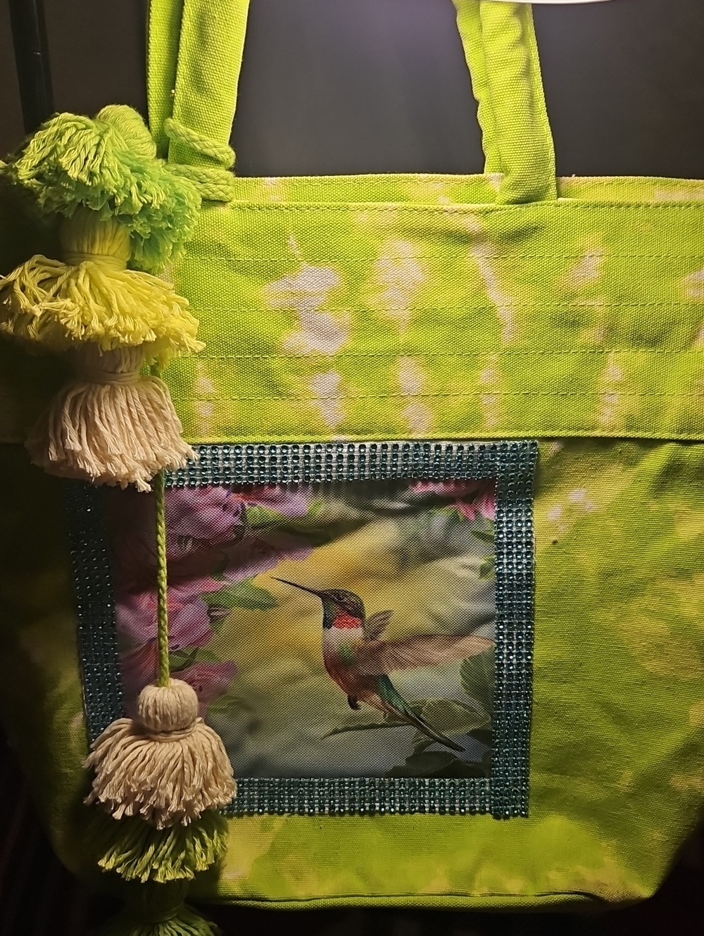 Lime Green Hummingbird Tote with Tassels